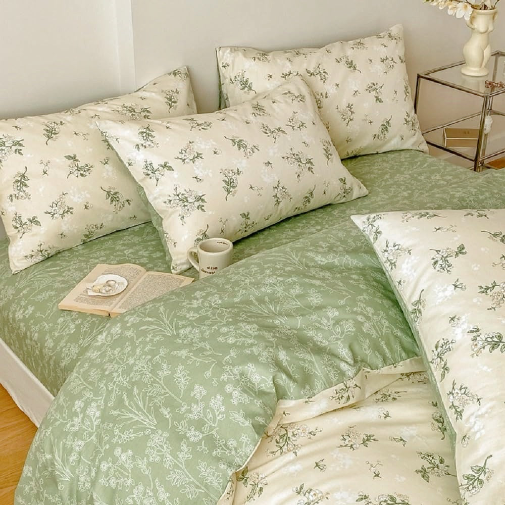 JOLUSERE Beige Green Floral Full Cotton Comforter Set, 3-Piece Farmhouse Chic Style Reversible Soft Bedding Set for Adults All Season