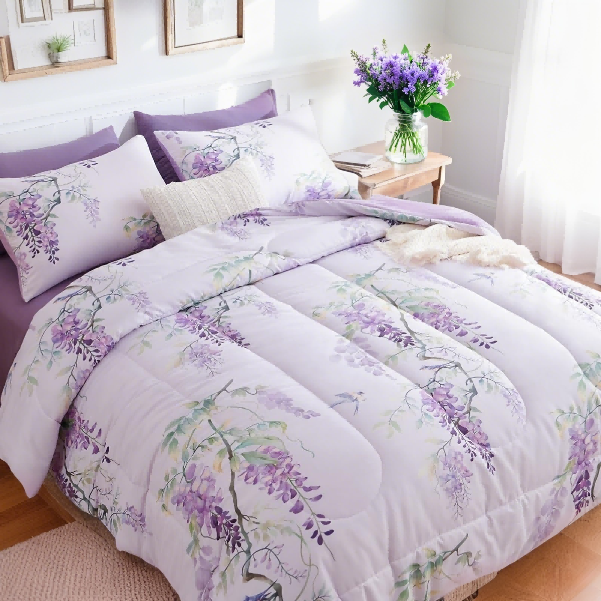 JOLUSERE Romantic Wisteria Comforter King Sets, 3 Pieces Chic Botanical Purple Floral Reversible Comforter for All Season