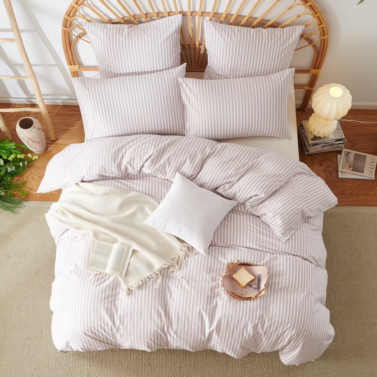 JOLUSERE 100% Cotton Striped Duvet Cover Full Set, 3-Piece Linen Like Textured Breathable Comforter Cover(Greyish Pink& White Classic Stripes)