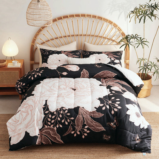 OMELA Chic Black White Floral Comforter Set King Size,3 Pcs White Floral Gold Butterfly Leaves Thick Bedding Comforter Set for Women Adults Teen All Season