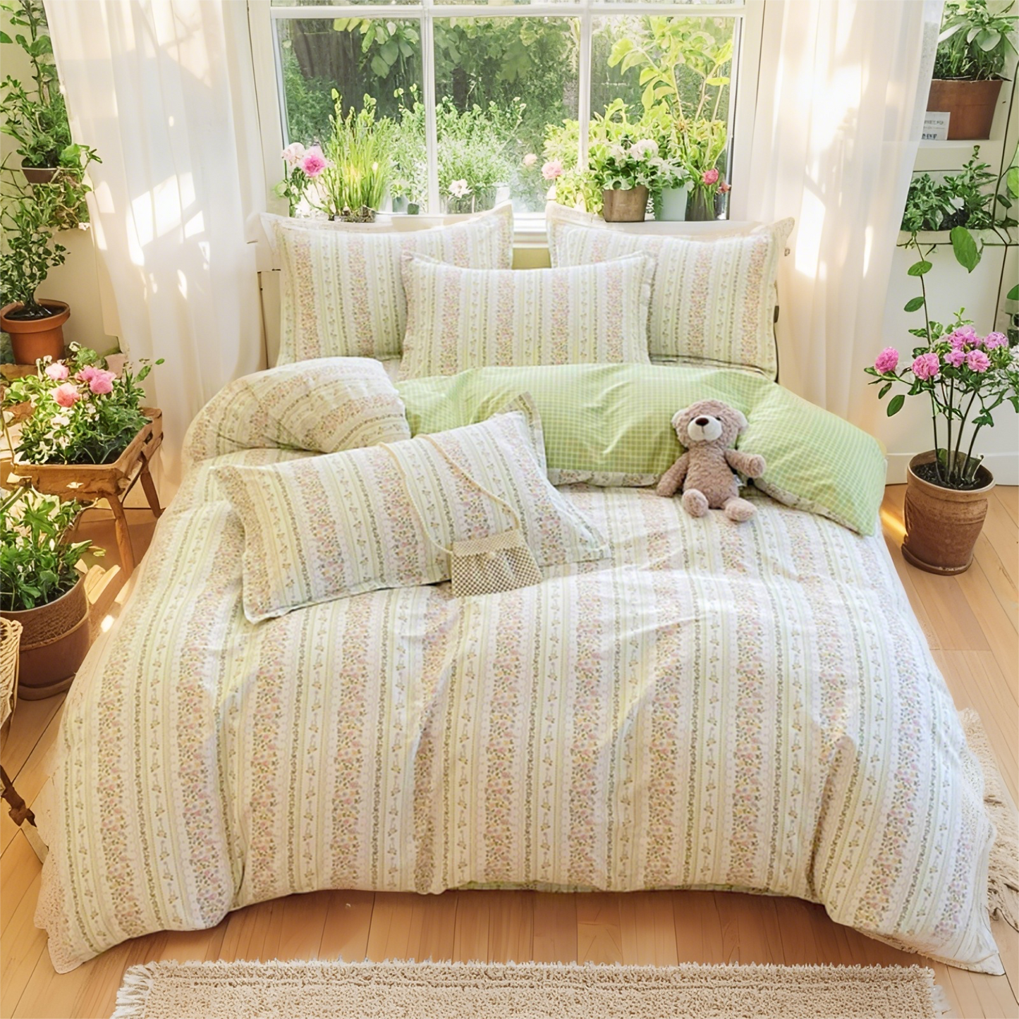 JOLUSERE 100% Organic Cotton Duvet Cover Sets Full Size, 3 Pieces Light Green Floral botanical Chic Artistic Soft Bedding Sets