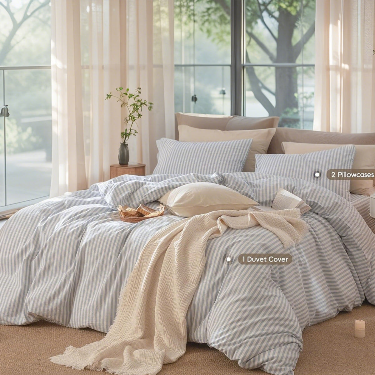 JOLUSERE 100% Organic Cotton Striped Duvet Cover Full Set, 3-Piece Linen Like Textured Breathable Bedding Cover（Cornflower Blue& White Classic Stripes）