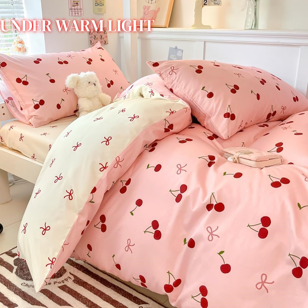 JOLUSERE 3-Piece Red Cherries with Pink Bows Comforter Full Set , Soft Aesthetic Cherry Pattern Bedding Set for Kids Adults
