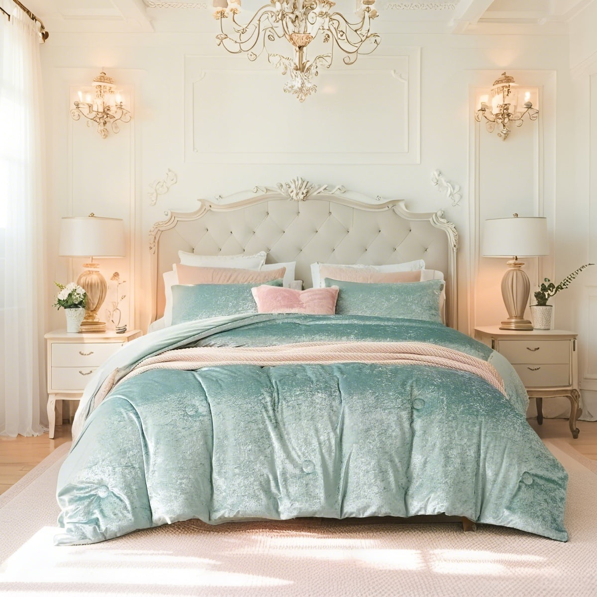 JOLUSERE Cozy Velvet Comforter King Set，Luxury 3-Piece Winter Fluffy Shiny Flannel Warm Reversible Comforter Set, Glossy Green