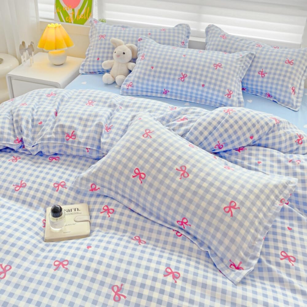 JOLUSERE 3-Piece Blue Plaid Pink Bows Comforter Queen Set , Cute Soft Bedding Set for Kids Adults