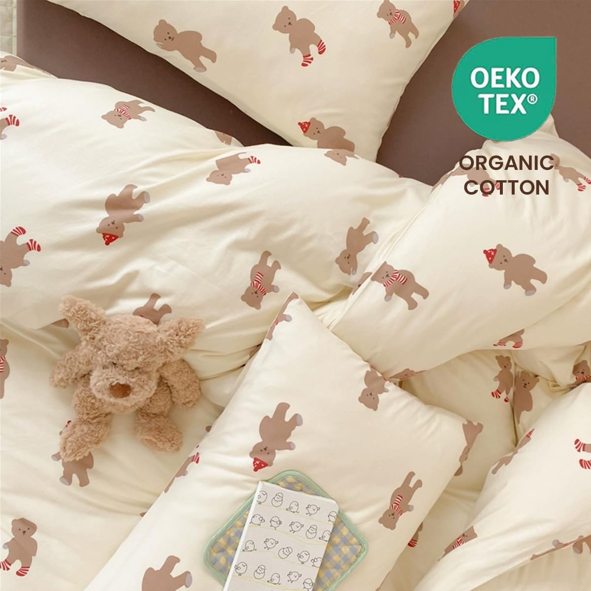 JOLUSERE 2-Piece Brown Bear White Comforter Twin Set,Soft Aesthetic Microfibre Quilt Bedding Set for Kids Adults