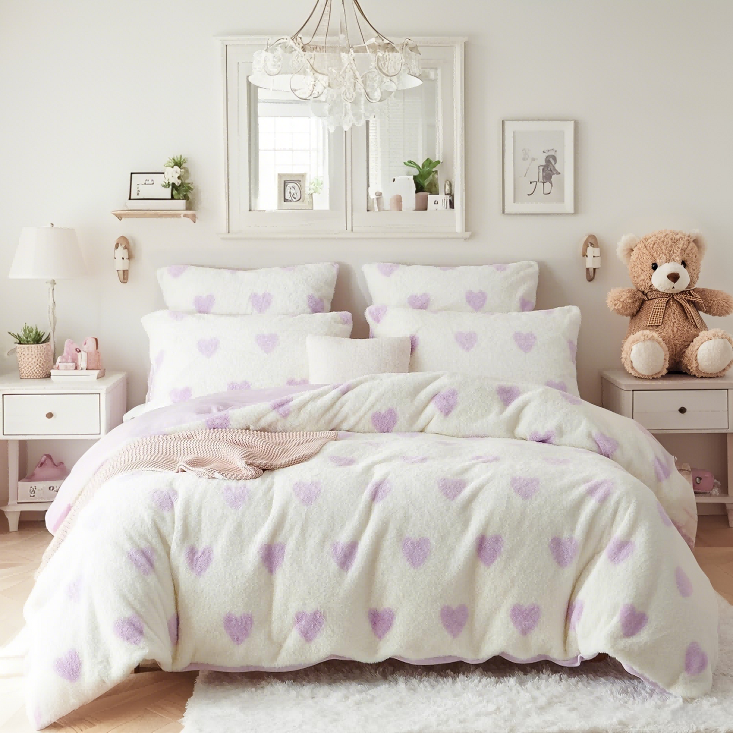 JOLUSERE Fluffy Flannel Duvet Cover King Set, 3-Piece Faux Rabbit Fur Luxury Cozy Warm Winter Bedding Set,Purple Heart White