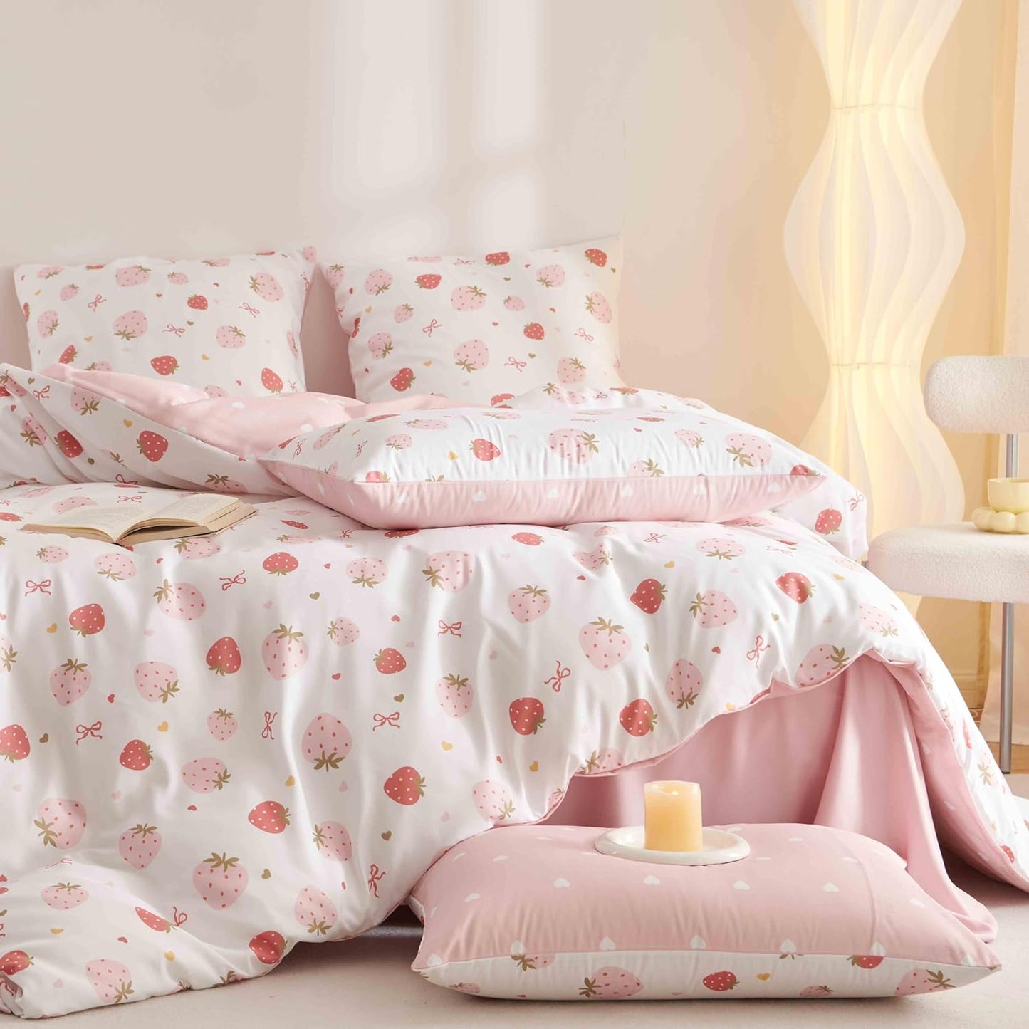 JOLUSERE 2-Piece Pink White Strawberry Comforter Twin Set,Soft Bedding Set for Kids Adults