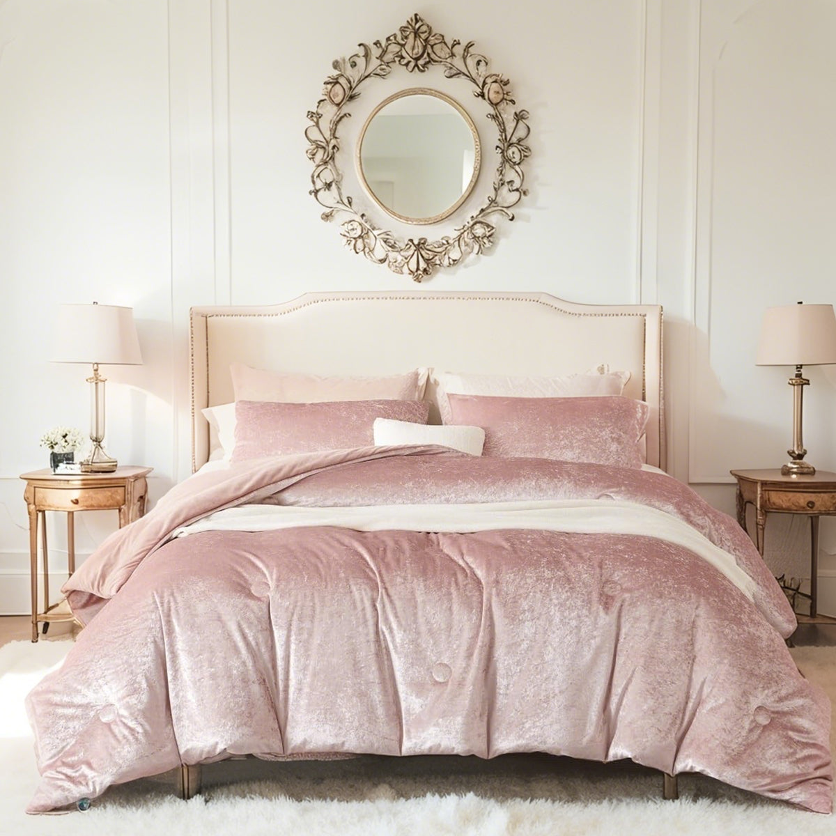 JOLUSERE Cozy Velvet Comforter King Set，Luxury 3-Piece Winter Fluffy Shiny Flannel Warm Reversible Comforter Set, Shiny Pink