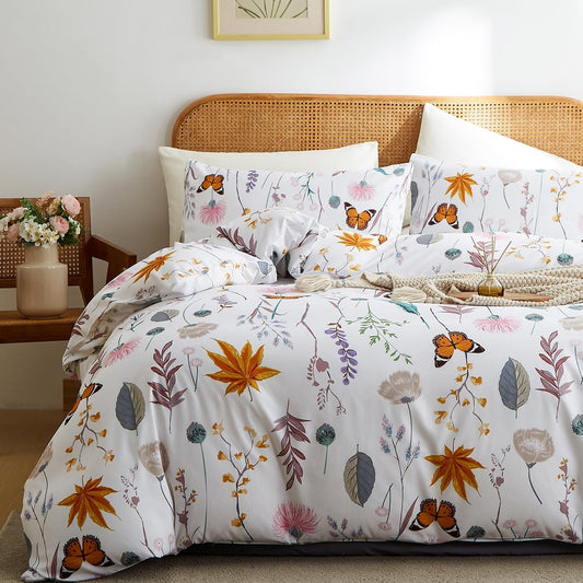 JOLUSERE 3 Piece Duvet Cover Sets King Soft Breathable Washed Microfiber Boho Floral Butterfly Duvet Cover, White