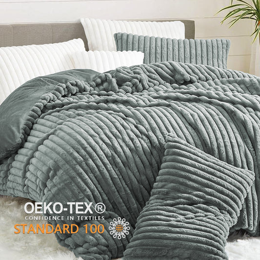JOLUSERE Dark Gray Fluffy Striped Duvet Cover Queen Set, 3-Piece Super Soft Faux Rabbit Fur Winter Warm Fuzzy Comforter Cover