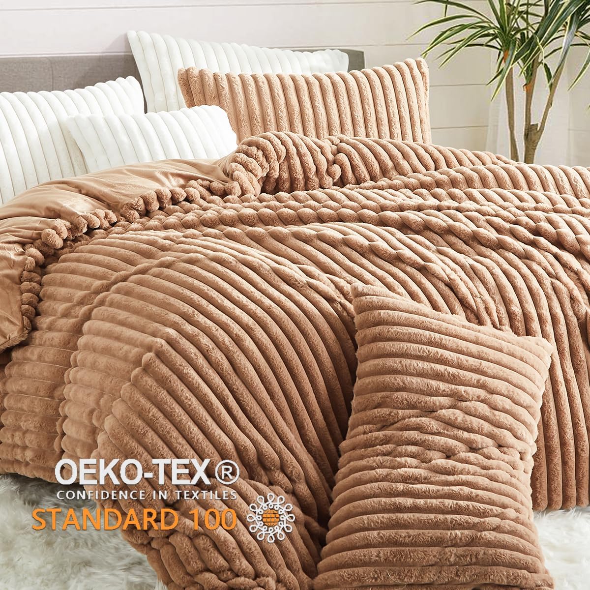 JOLUSERE Khaki Fluffy Striped Duvet Cover Queen Set, 3-Piece Super Soft Faux Rabbit Fur Winter Warm Fuzzy Comforter Cover