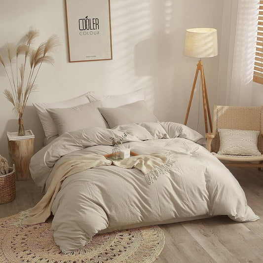 JOLUSERE 3 Piece 100% Washed Cotton Beige Duvet Cover Set Luxury Soft and Breatheable Bedding Set with Zipper Closure,King Size