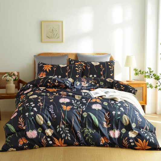JOLUSERE 3 Piece Duvet Cover Sets King Soft Breathable Washed Microfiber Boho Floral Butterfly Duvet Cover, Black