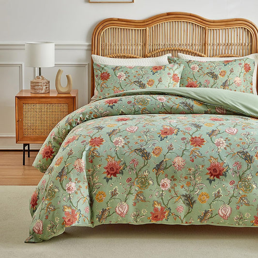 JOLUSERE 3 Piece Duvet Cover Sets Queen Soft Breathable Washed Microfiber Boho Floral Duvet Cover,Green