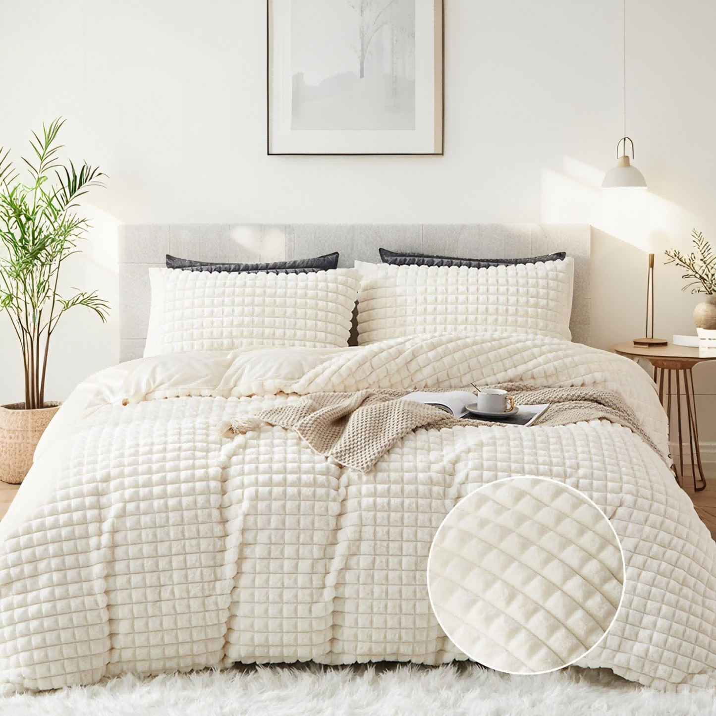 JOLUSERE Checkered Geometric Fluffy White Duvet Cover King Set,3-Piece Super Soft Faux Rabbit Fur Winter Warm Fuzzy Bedding Set