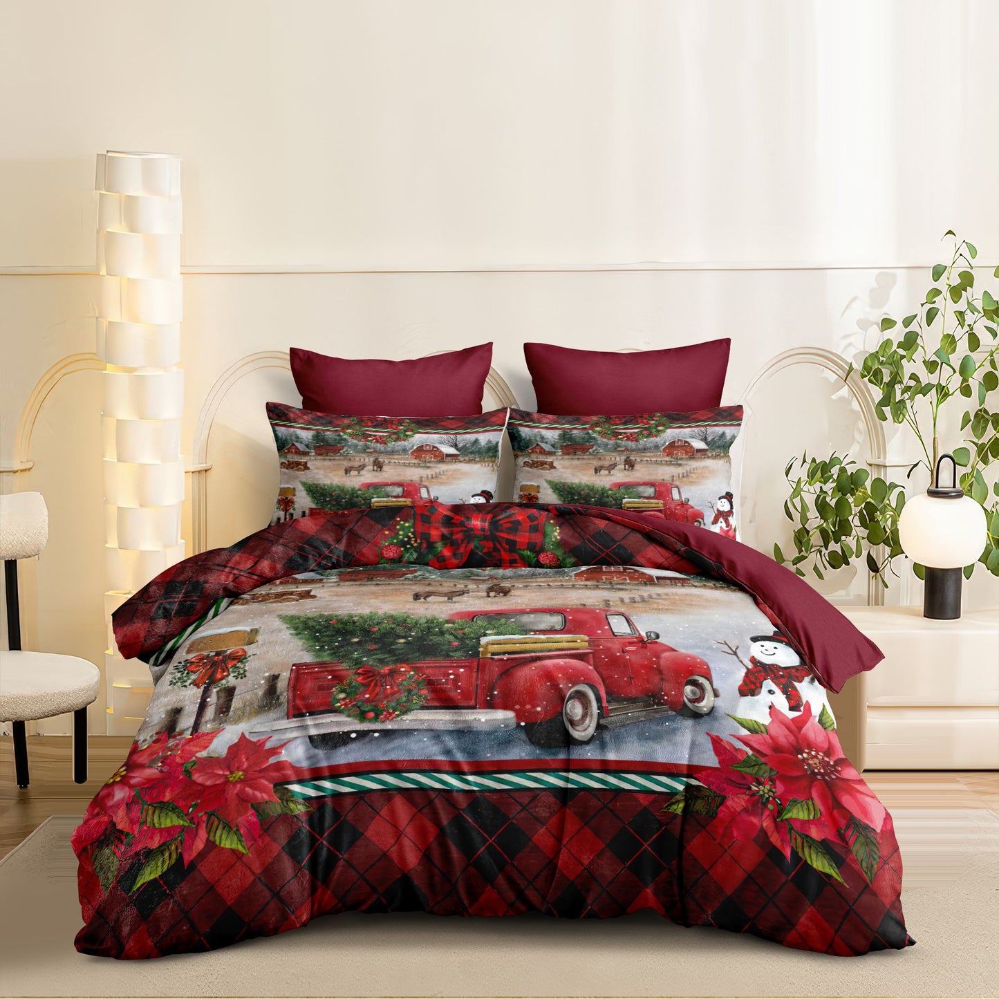 JOLUSERE Christmas Comforter King Set,3 Pcs Red Truck Christmas Pine Tree Farmhouse Village Country Style Bedding Set for All Season