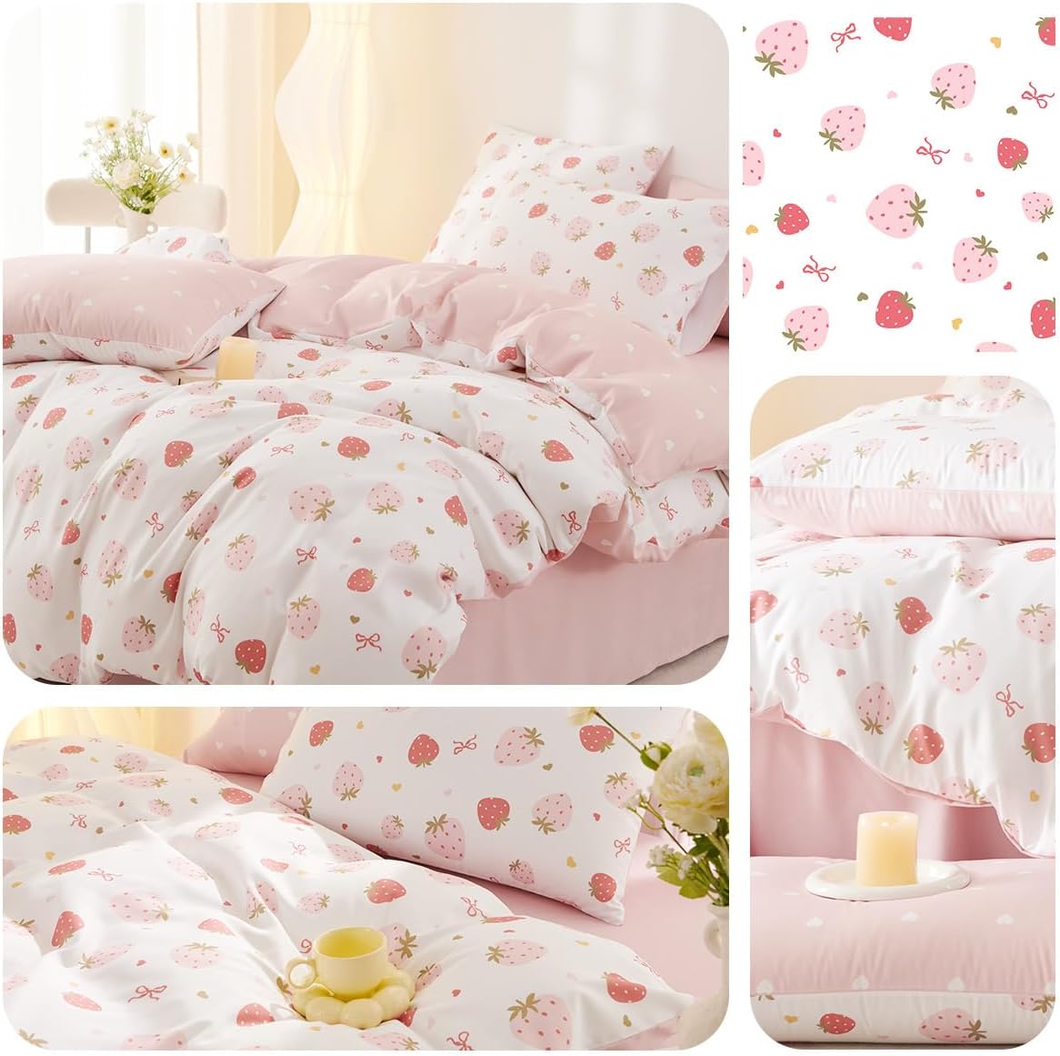 JOLUSERE 2-Piece Pink White Strawberry Comforter Twin Set,Soft Bedding Set for Kids Adults