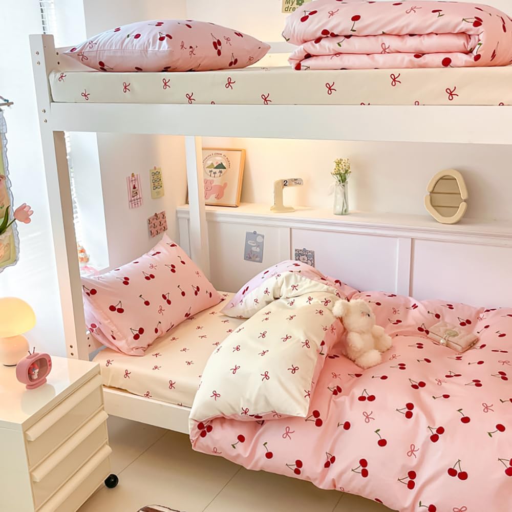 JOLUSERE 3-Piece Red Cherries with Pink Bows Comforter Full Set , Soft Aesthetic Cherry Pattern Bedding Set for Kids Adults