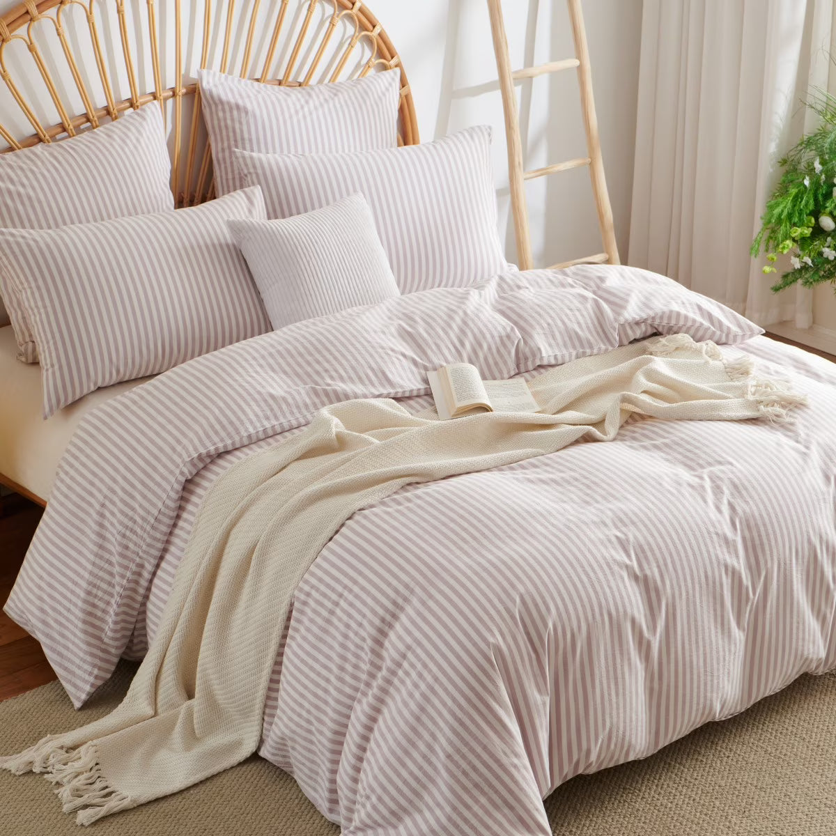 JOLUSERE 100% Cotton Striped Duvet Cover Twin Set, 2-Piece Linen Like Textured Breathable Comforter Cover(Greyish Pink& White Classic Stripes)
