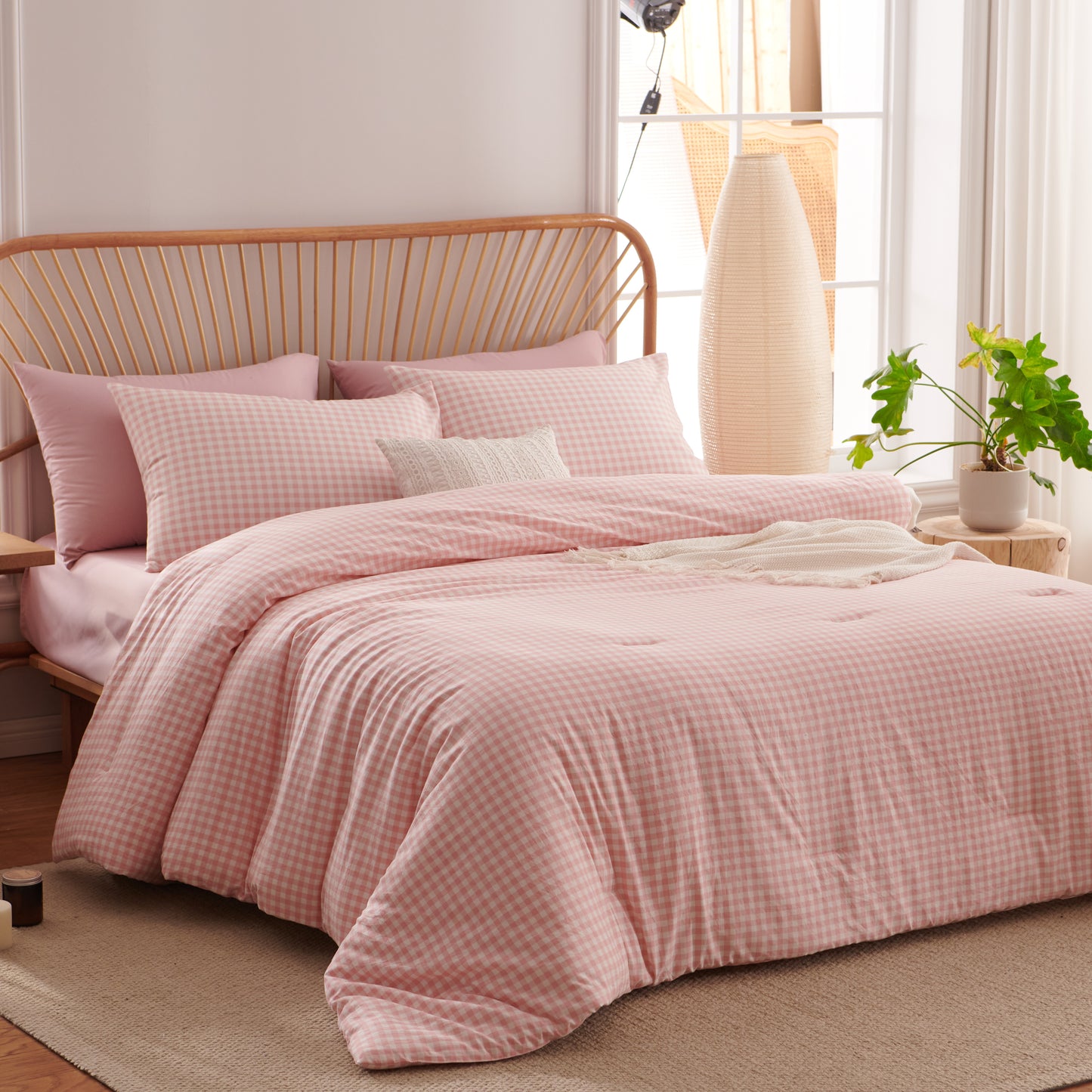 JOLUSERE Soft Pink White Plaid Comforter Full Sets, 3 Pieces Breathable Plaid Buffalo Checkered Comforter for All Season
