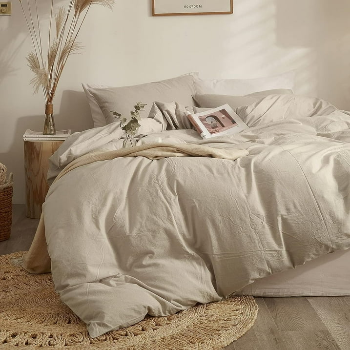 JOLUSERE 3 Piece 100% Washed Cotton Beige Duvet Cover Set Luxury Soft and Breatheable Bedding Set with Zipper Closure,Queen Size