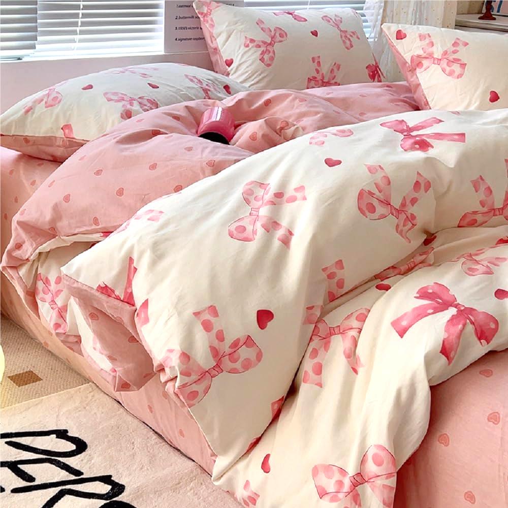 Jolusere Bowknot Girls Queen Comforter Set, 3 Pieces Pink Bows Princess Style Bedding Sets with Comforter Pillowcases for Kids Girls