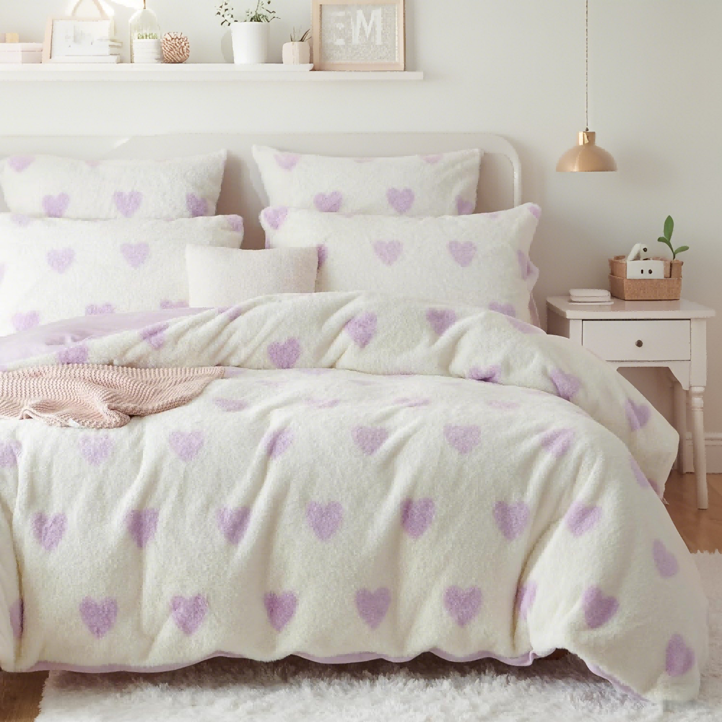 JOLUSERE Fluffy Flannel Duvet Cover King Set, 3-Piece Faux Rabbit Fur Luxury Cozy Warm Winter Bedding Set,Purple Heart White