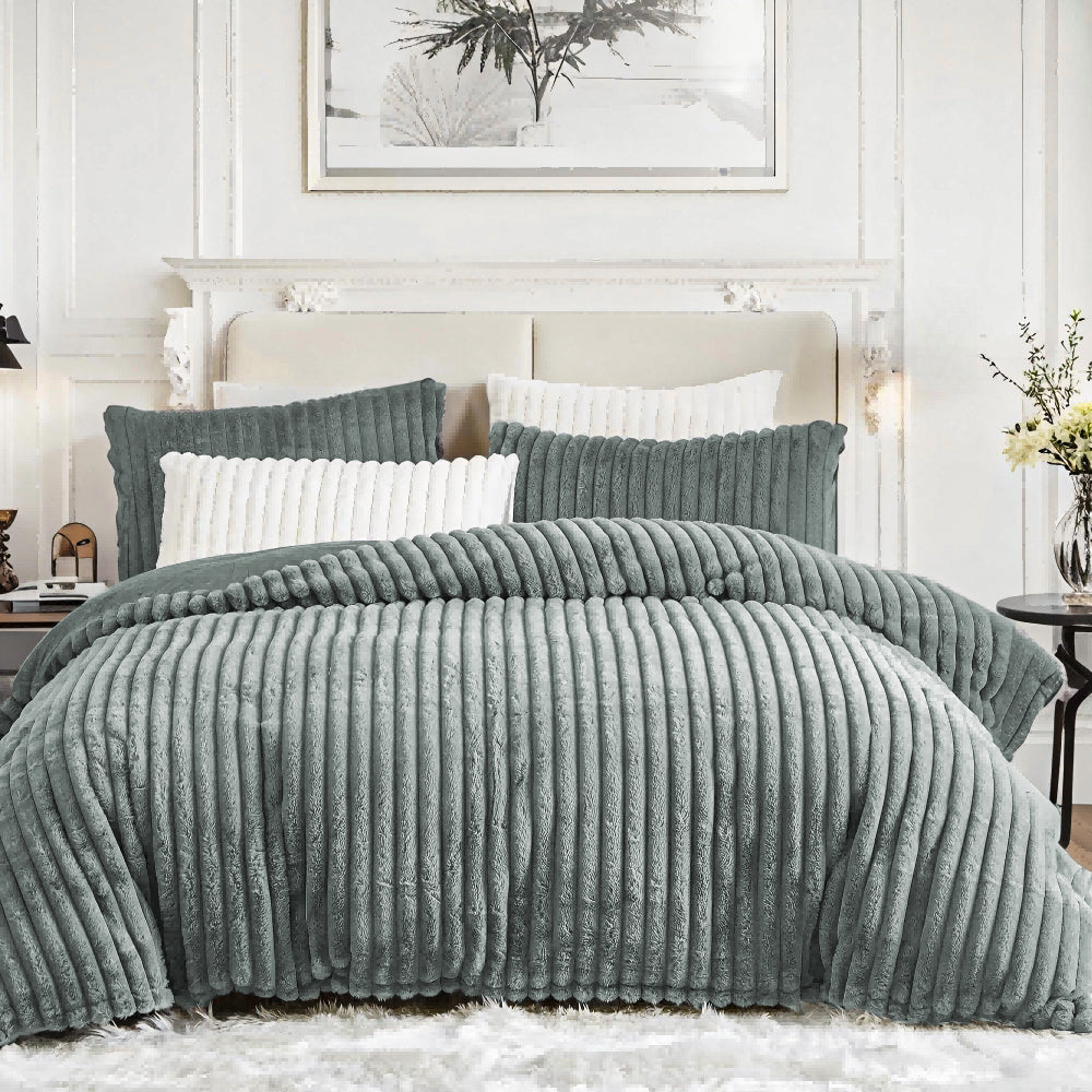 JOLUSERE Dark Gray Fluffy Striped Duvet Cover King Set, 3-Piece Super Soft Faux Rabbit Fur Winter Warm Fuzzy Comforter Cover