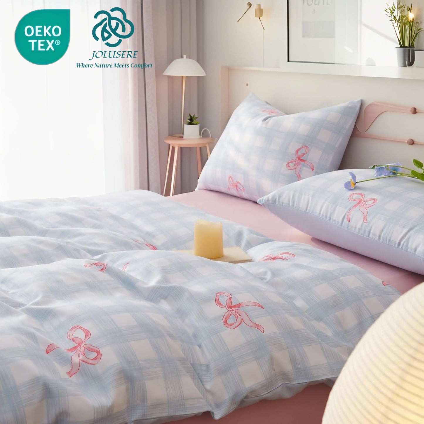 JOLUSERE 3-Piece Blue Gingham Pink Bow Comforter Queen Set , Soft Grid Dorm Bedding Set for Kids Adults