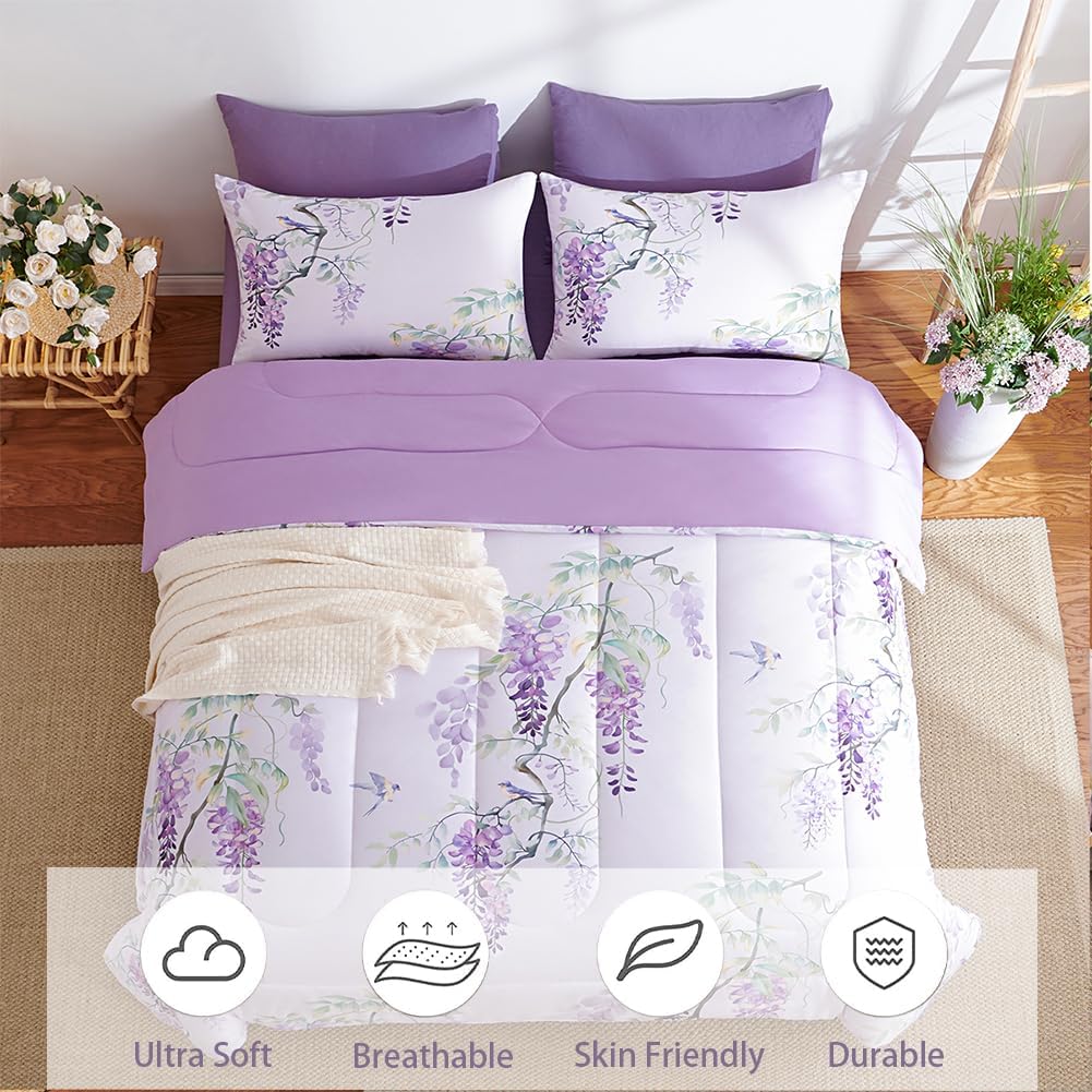 JOLUSERE Romantic Wisteria Comforter Twin Sets, 2 Pieces Chic Botanical Purple Floral Reversible Comforter for All Season