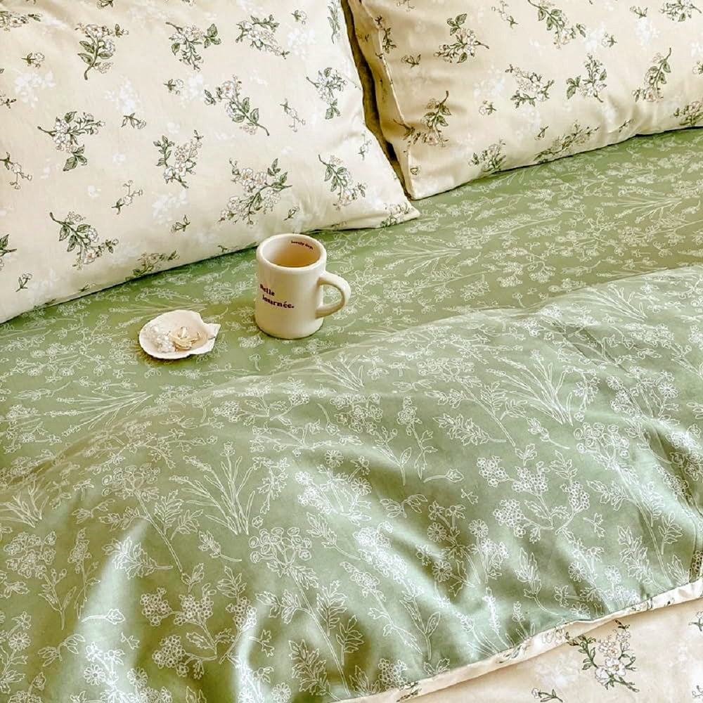 JOLUSERE Beige Green Floral Full Cotton Comforter Set, 3-Piece Farmhouse Chic Style Reversible Soft Bedding Set for Adults All Season