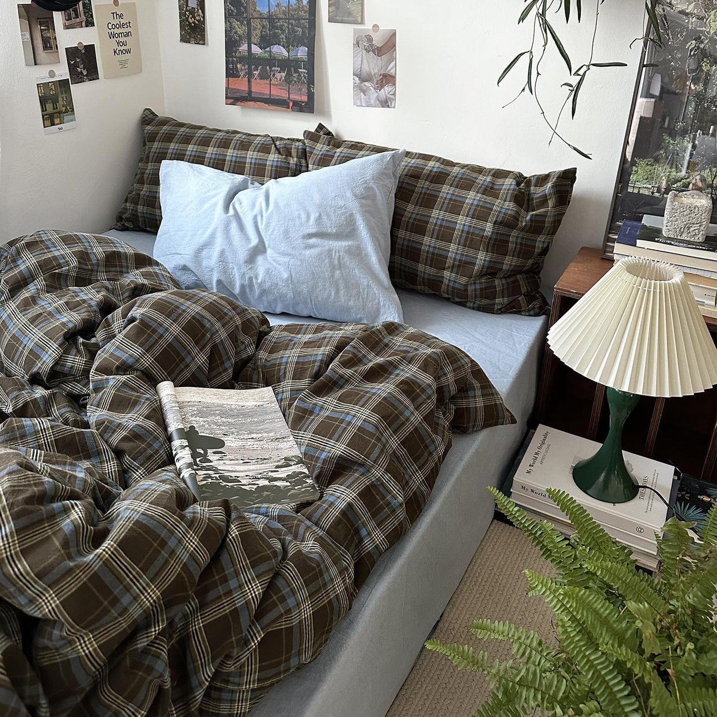 JOLUSERE Blue Brown Plaid Duvet Cover Full Set, 3-Piece Vintage Grid Checkered Pattern Soft Comforter Cover
