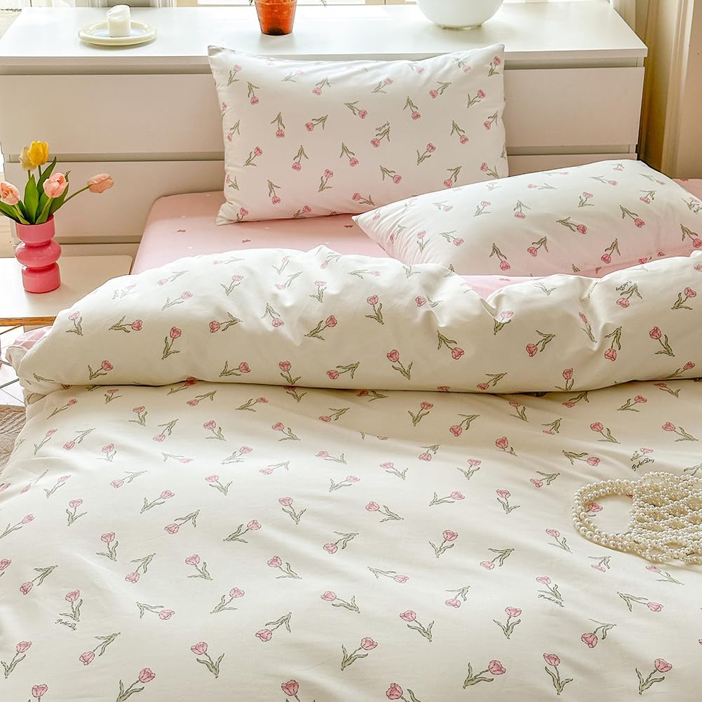 JOLUSERE 100% Organic Cotton Comforter Queen Sets, 3 Pieces Botanical White Pink Floral Tulip Flower Comforter Sets