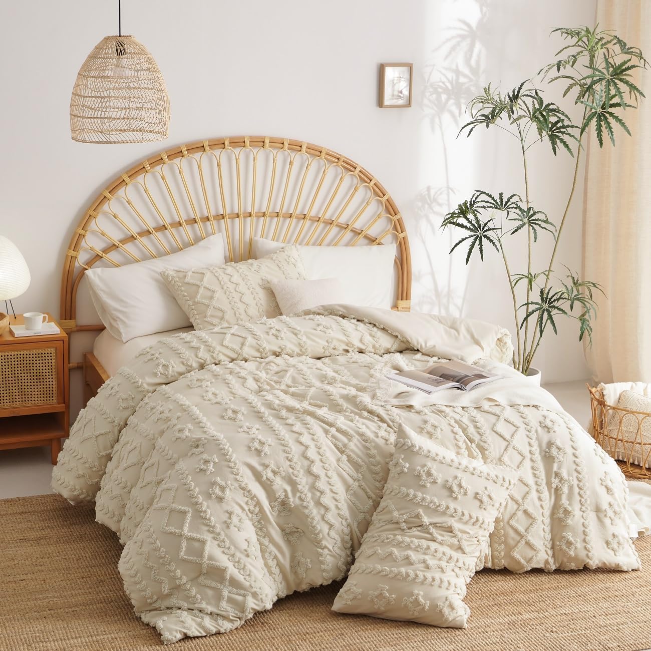 JOLUSERE Jacquard Sandflow Pattern Tufted Duvet Cover Queen Set, 3 Pieces Boho Ultra Soft Embroidery Bedding Set, Beige