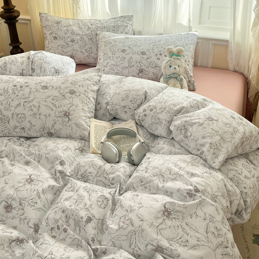 JOLUSERE 100% Organic Cotton Duvet Cover Sets Full Size, 3 Pieces Soft Mist White Floral Soft Chic Artistic Bedding Sets