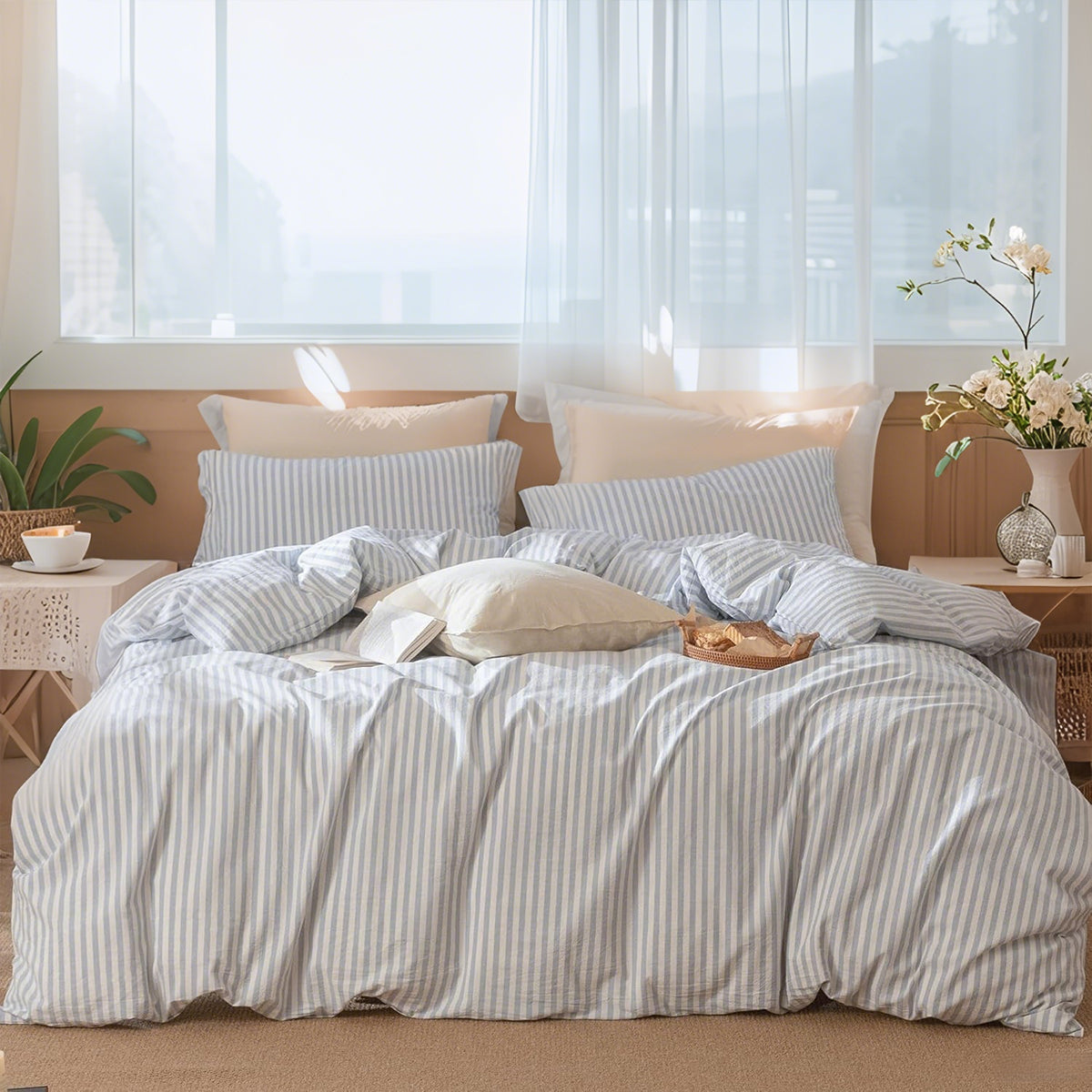 JOLUSERE 100% Organic Cotton Striped Duvet Cover Full Set, 3-Piece Linen Like Textured Breathable Bedding Cover（Cornflower Blue& White Classic Stripes）