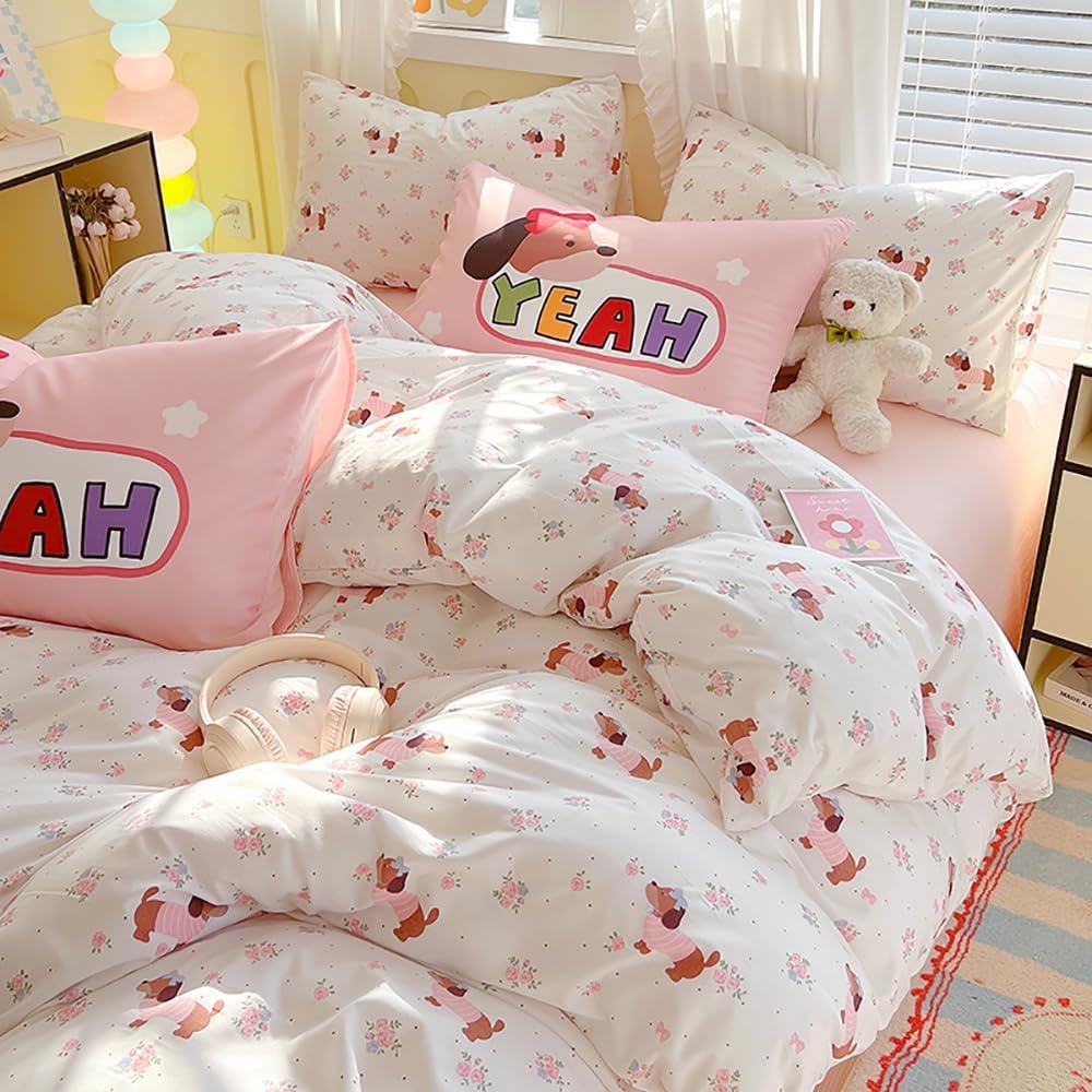 JOLUSERE 2-Piece Pink White Flowers Dachshund Comforter Twin Set , Soft Pink Dachshund Bedding Set for Kids Adults