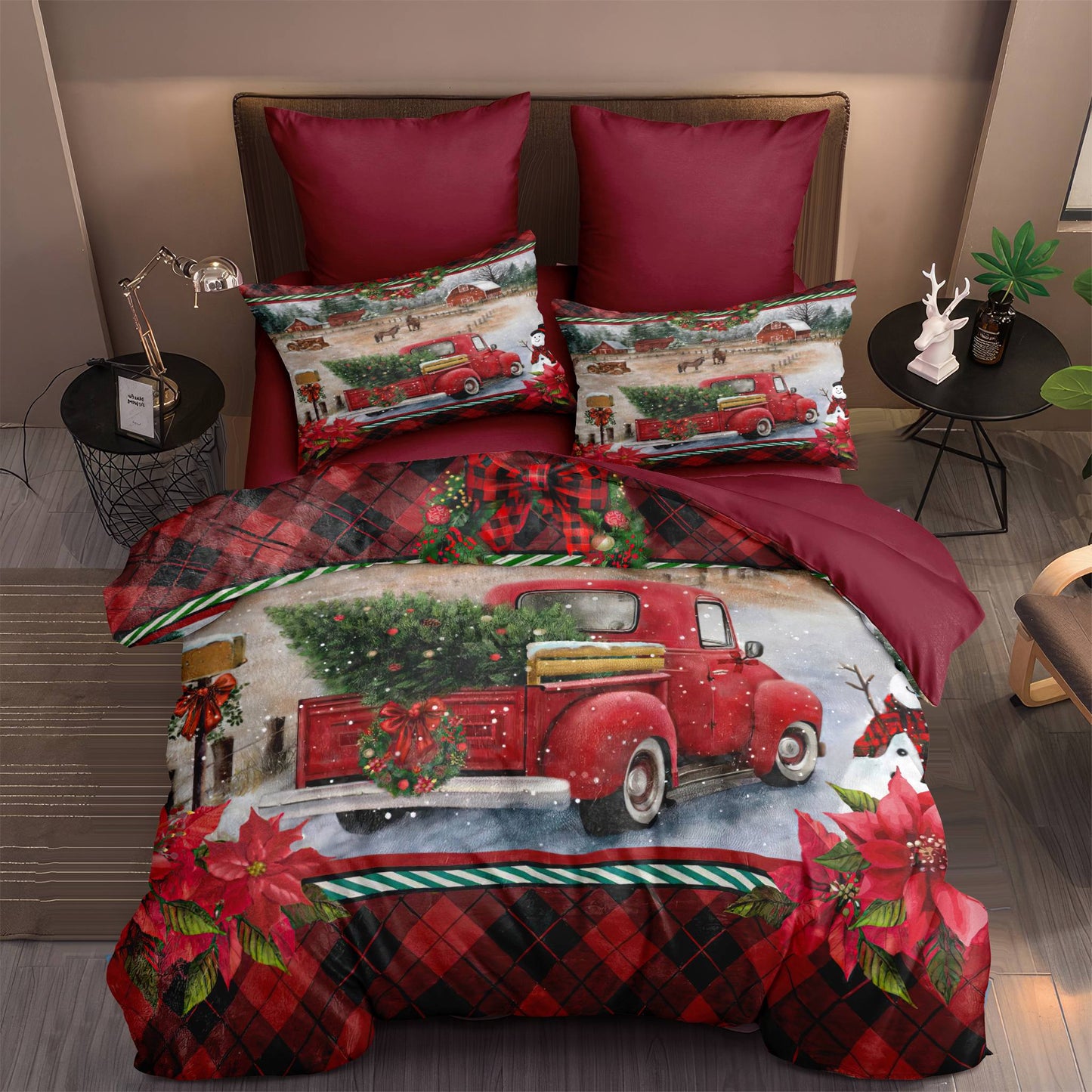 JOLUSERE Christmas Comforter Queen Set,3 Pcs Red Truck Christmas Pine Tree Farmhouse Village Country Style Bedding Set for All Season