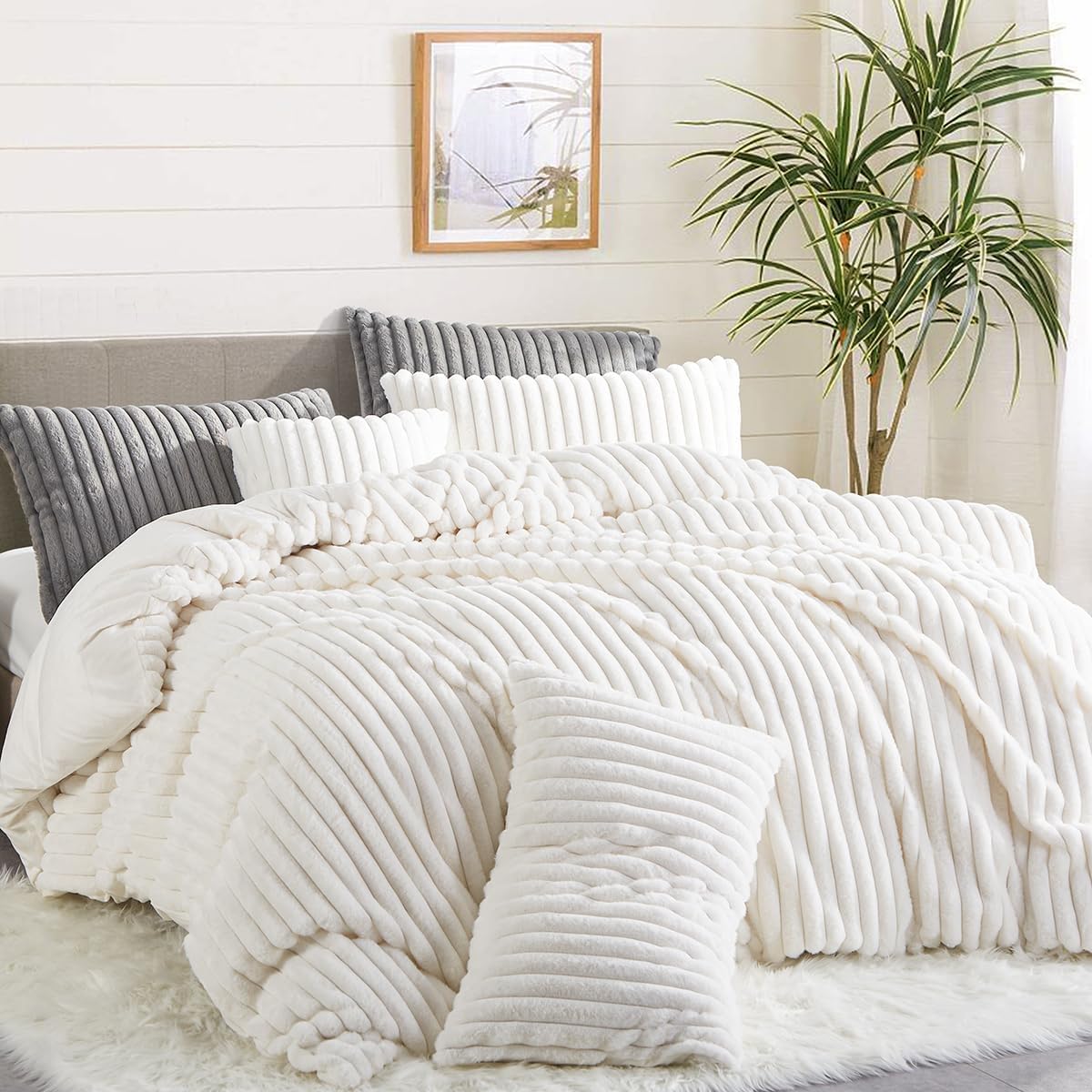 JOLUSERE Creamy White Fluffy Striped Duvet Cover Queen Set, 3-Piece Super Soft Faux Rabbit Fur Winter Warm Fuzzy Comforter Cover