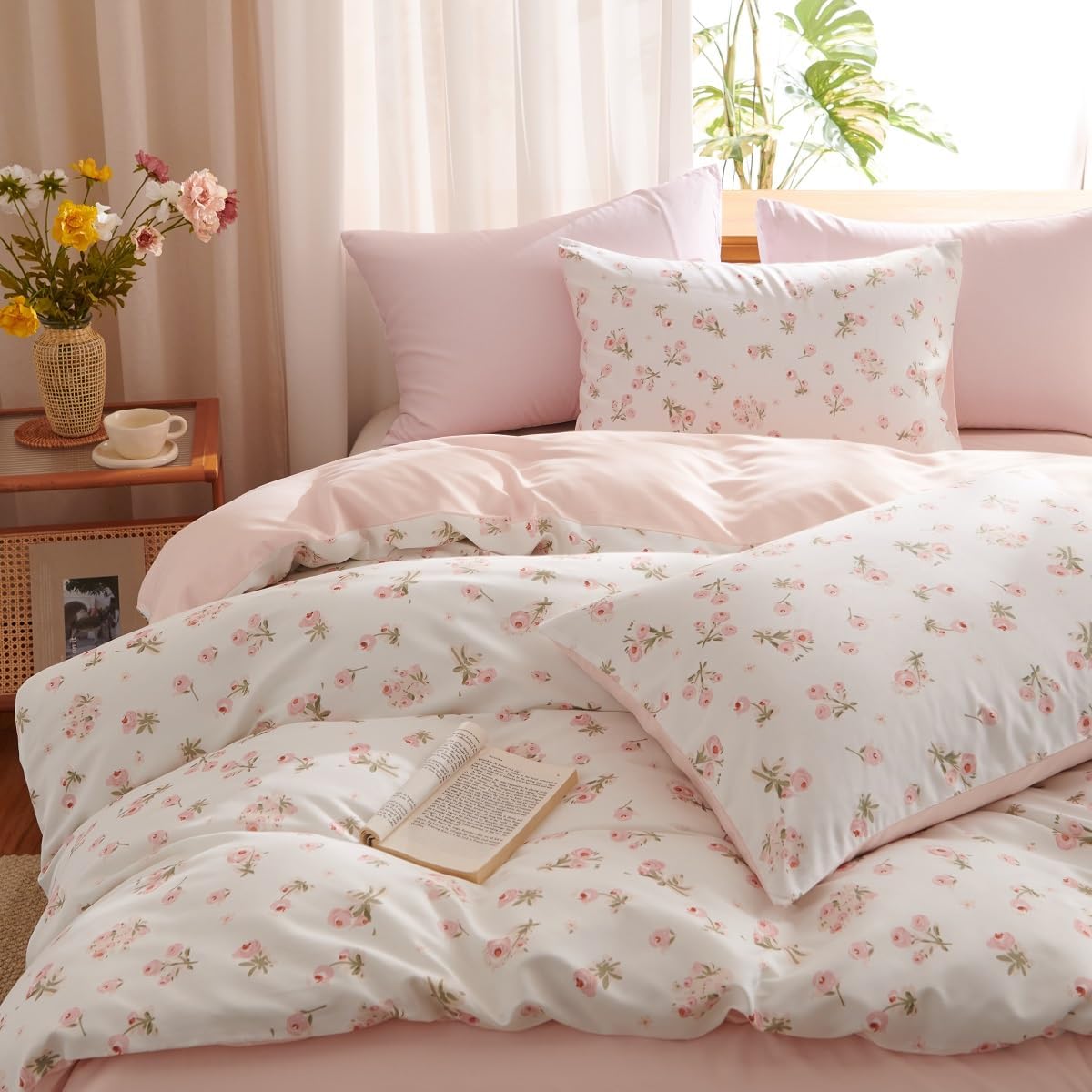 JOLUSERE Pink loyalty Floral Comforter Twin Sets, 2 Pieces Chic Botanical Pink White Floral Reversible Comforter for All Season