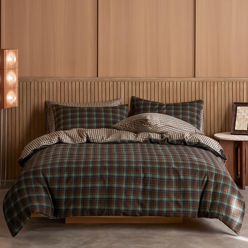 JOLUSERE Green Brown Plaid Duvet Cover King Set, 3-Piece Vintage Beige Brown Grid Checkered Pattern Soft Comforter Cover