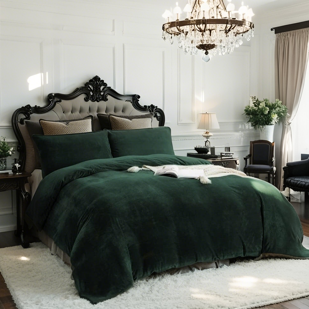 JOLUSERE Dark Green Velvet Duvet Cover King Set, 3-Piece Ultra Soft Fluffy Flannel Winter Bedding Cover