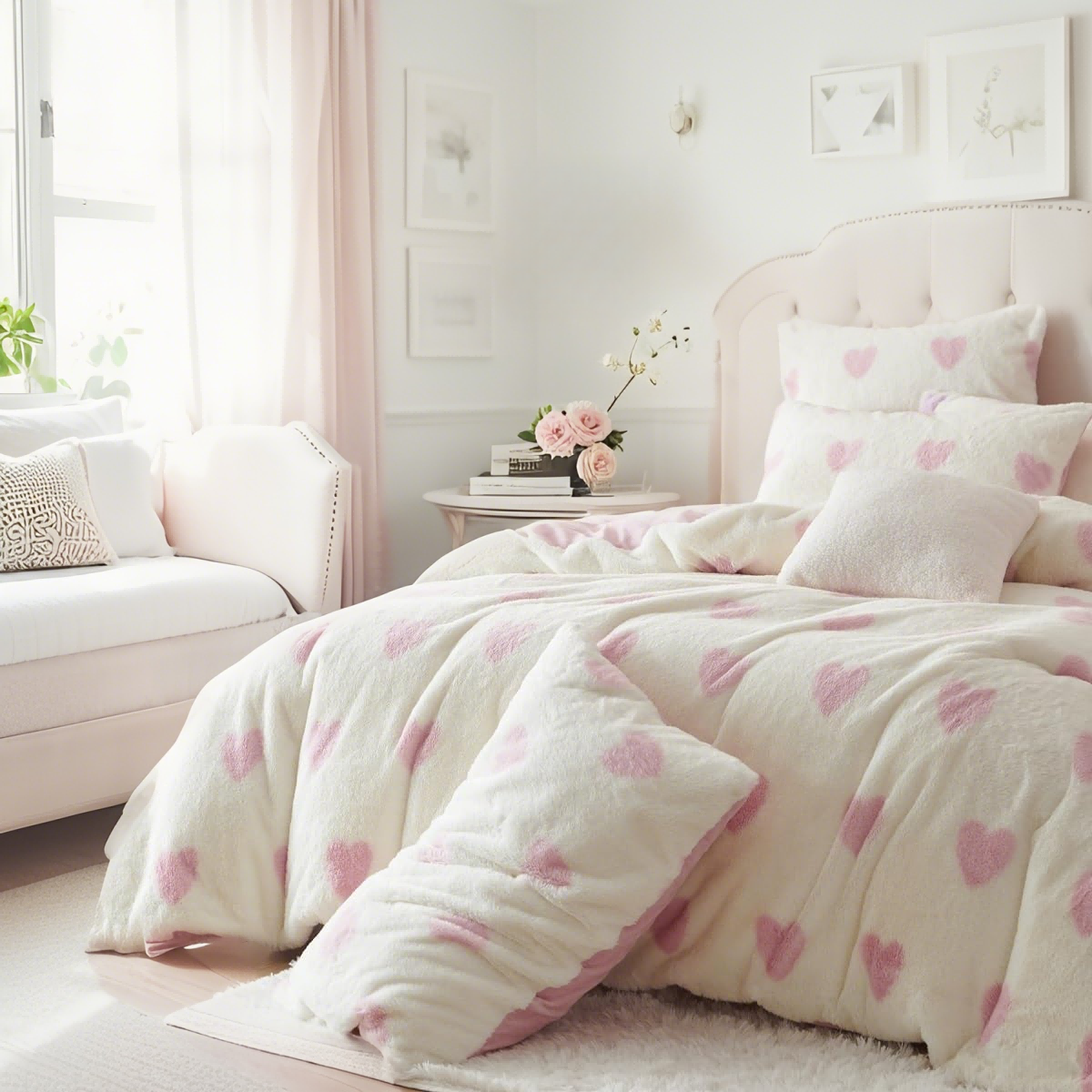 JOLUSERE Fluffy Flannel Duvet Cover Twin Set, 2-Piece Faux Rabbit Fur Luxury Cozy Warm Winter Bedding Set,Pink Heart White