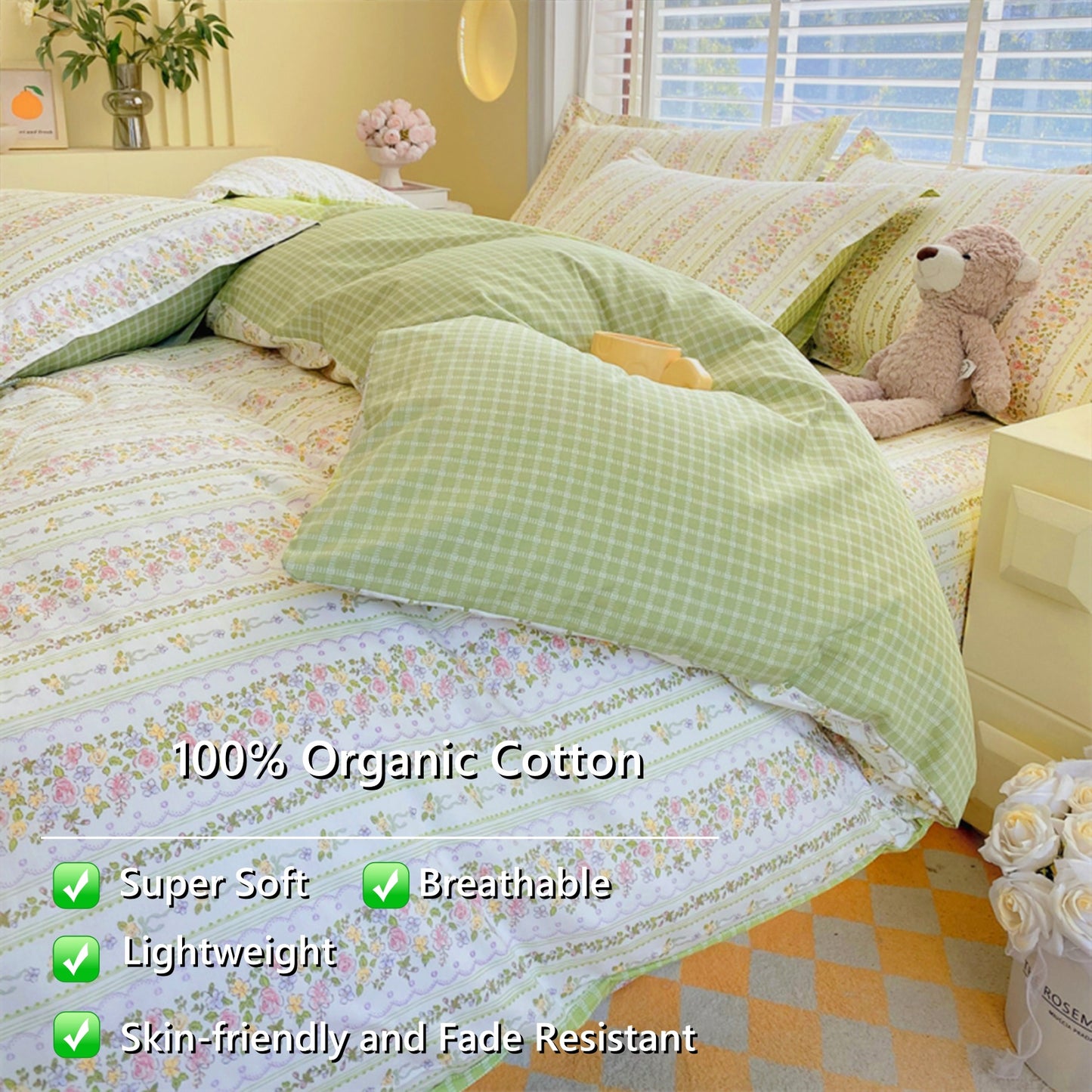 JOLUSERE 100% Organic Cotton Duvet Cover Sets King Size, 3 Pieces Light Green Floral botanical Chic Artistic Soft Bedding Sets