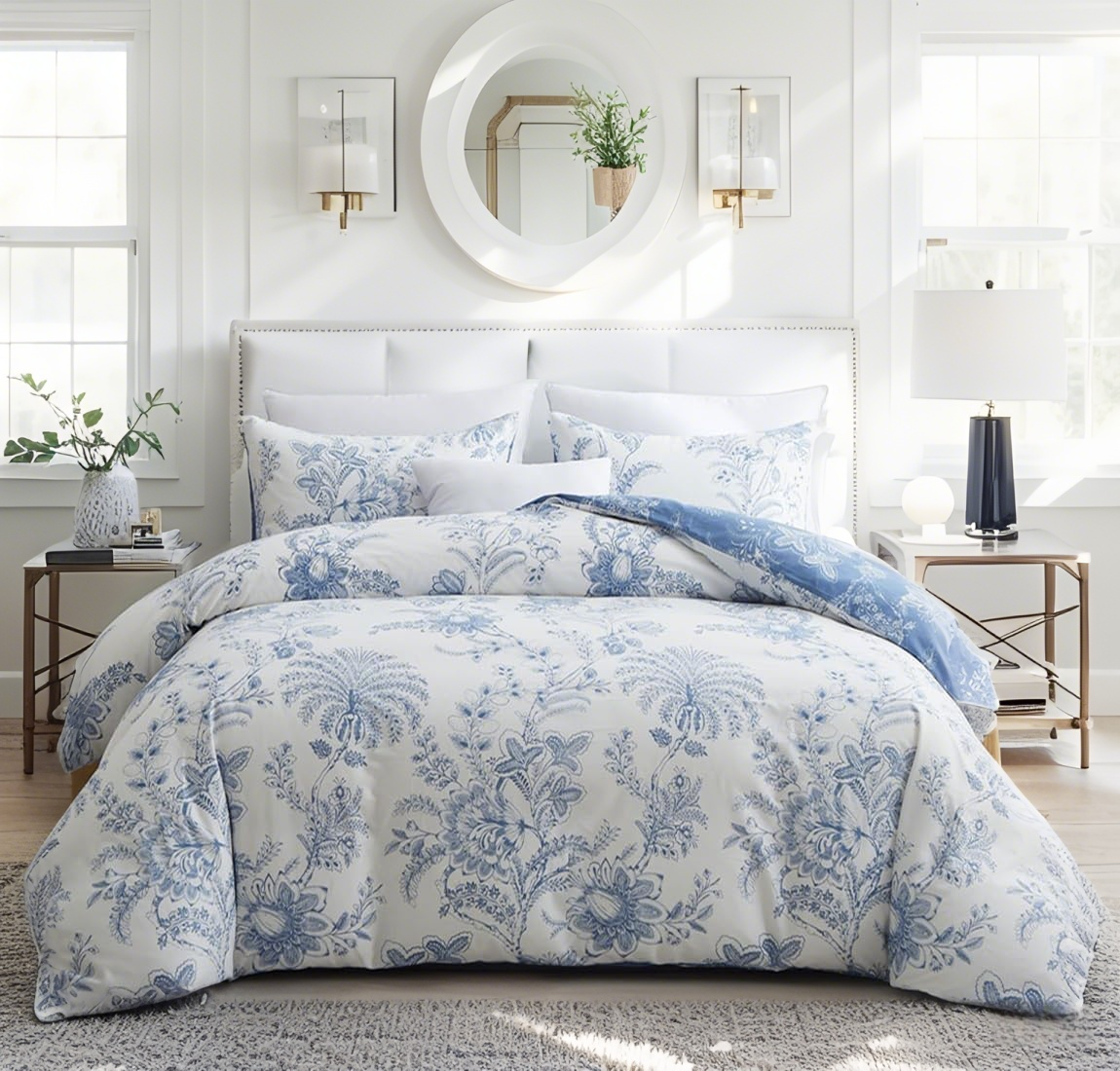 JOLUSERE Blue White Floral Leaves King Comforter Set, 3 Pieces Botanical Plants Reversible Bedding Set for Adults