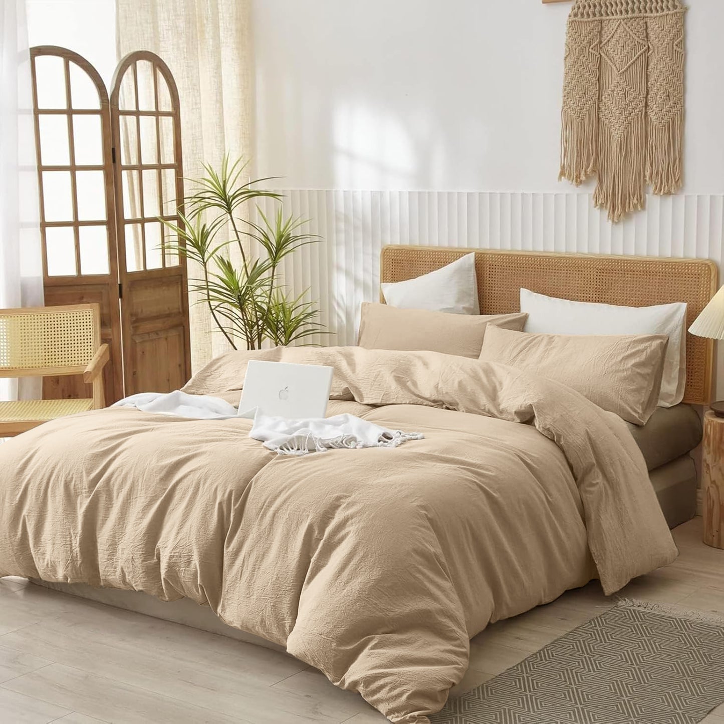 JOLUSERE 100% Organic Yarn-Dyed Cotton Duvet Cover Queen Set, 3 Pieces Cotton Bedding Duvet Cover,Ultra Soft & Fade Resistant,Khaki