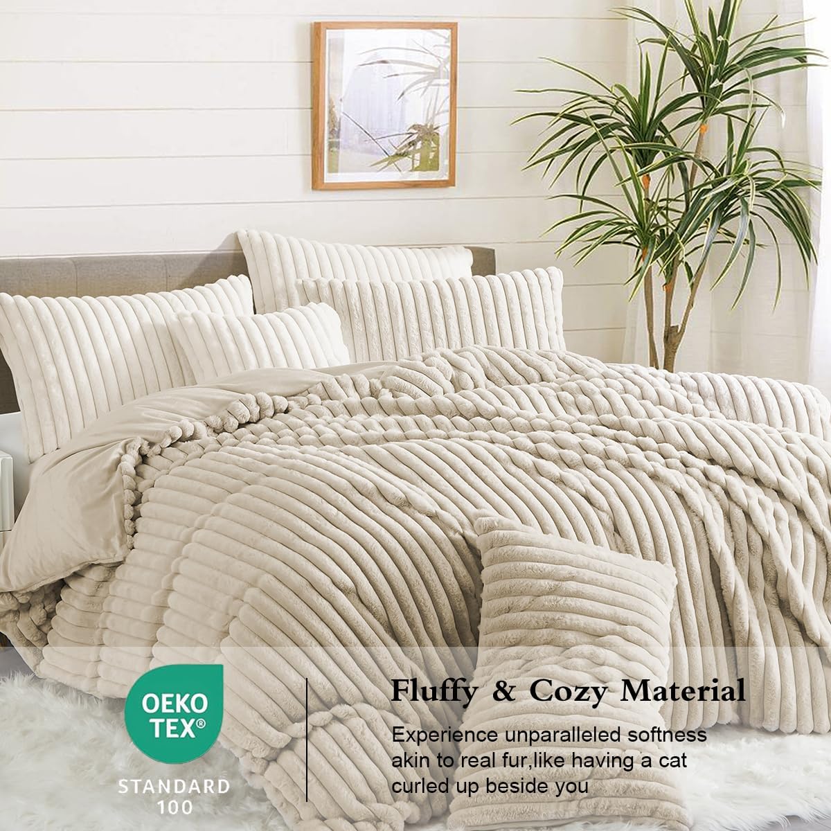 JOLUSERE Beige Fluffy Striped Duvet Cover King Set, 3-Piece Super Soft Faux Rabbit Fur Winter Warm Fuzzy Comforter Cover