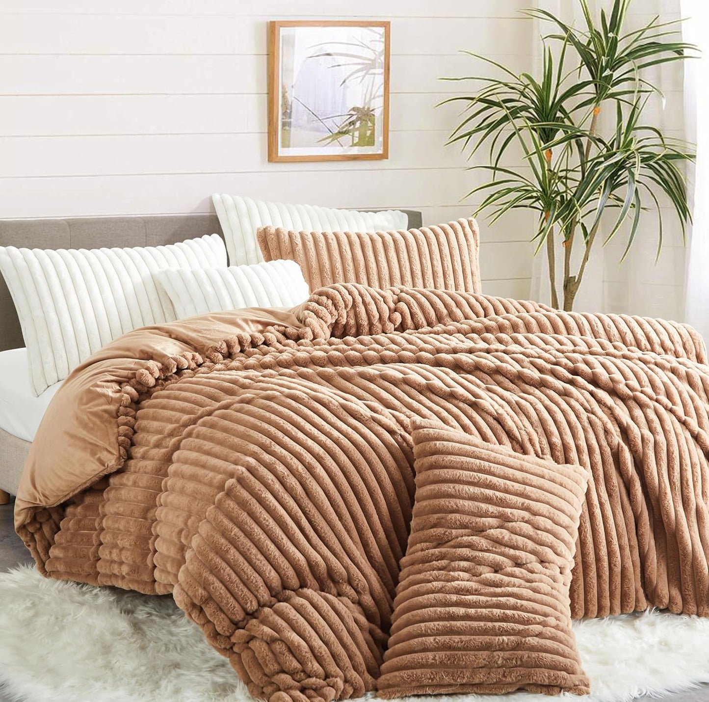 JOLUSERE Khaki Fluffy Striped Duvet Cover King Set, 3-Piece Super Soft Faux Rabbit Fur Winter Warm Fuzzy Comforter Cover