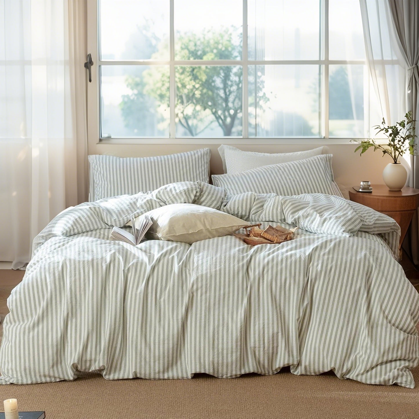 JOLUSERE 100% Organic Cotton Striped Duvet Cover Full Set, 3-Piece Linen Like Textured Breathable Bedding Cover(Sage Green& White Classic Stripes)